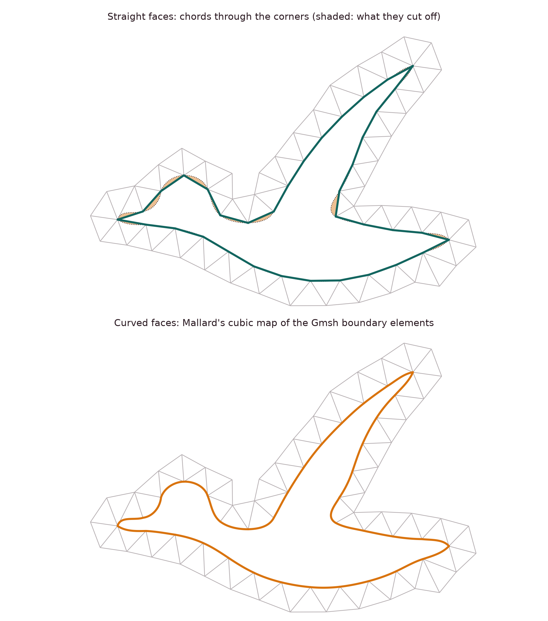 The mallard outline meshed coarse with Gmsh: straight wall faces cutting off the bill, head, wing tip and tail, against the curved faces following the outline